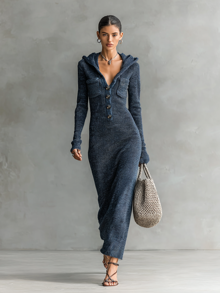 Hooded Knit Maxi Dress - Casual Long Sleeve Sweater Dress
