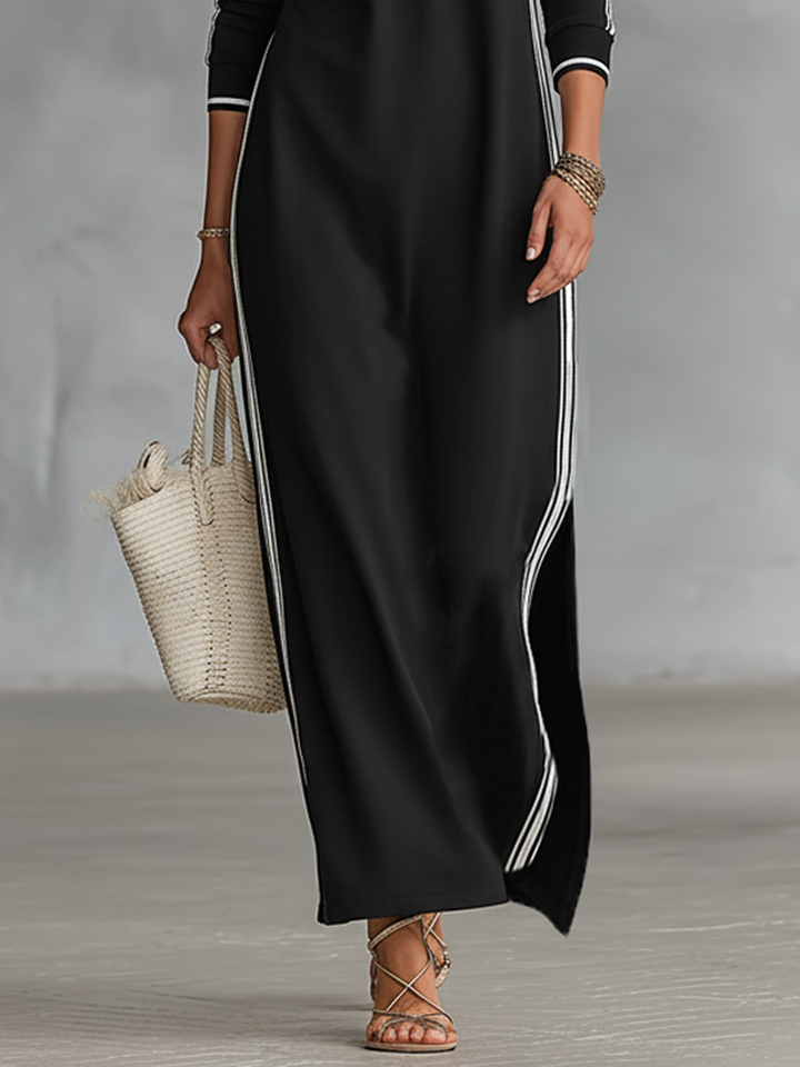 Minimalist Maxi Sweatshirt Dress with Collar and White Trim