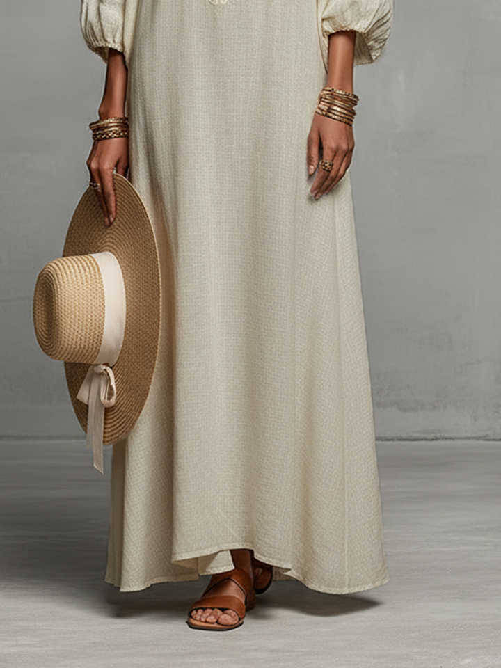 Off Shoulder Maxi Dress with Embroidery and Three Quarter Sleeves