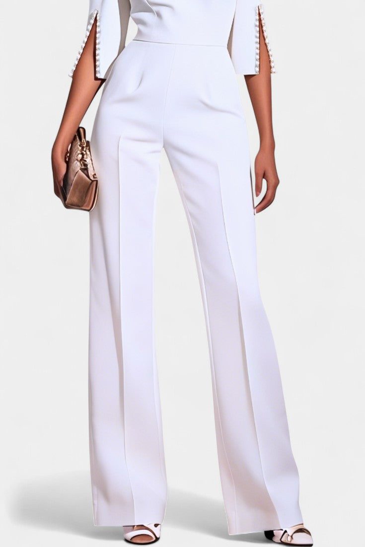 Three-Quarter Sleeve Jumpsuit with Pearl Button Detail
