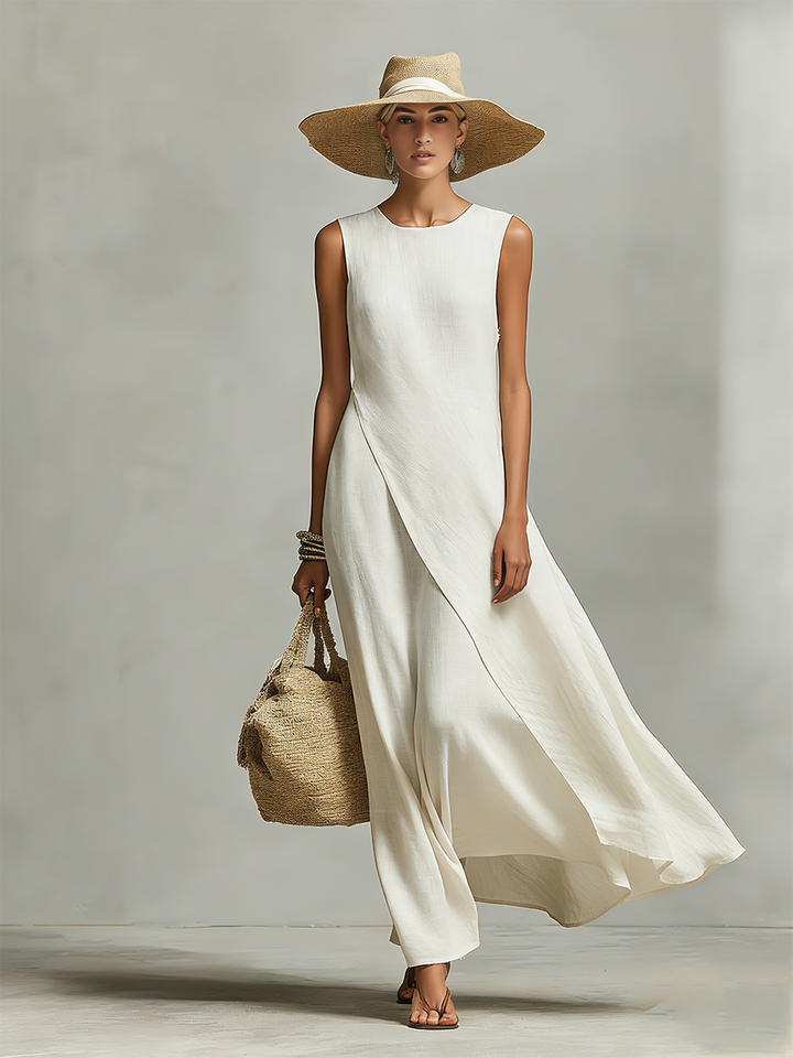 Linen Maxi Dress Women Sleeveless Ivory Asymmetric Hem