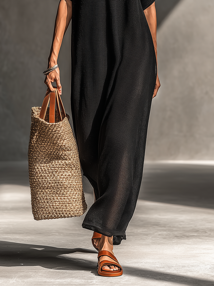 Sheer Knit Maxi Dress for Women Short Sleeve Minimalist