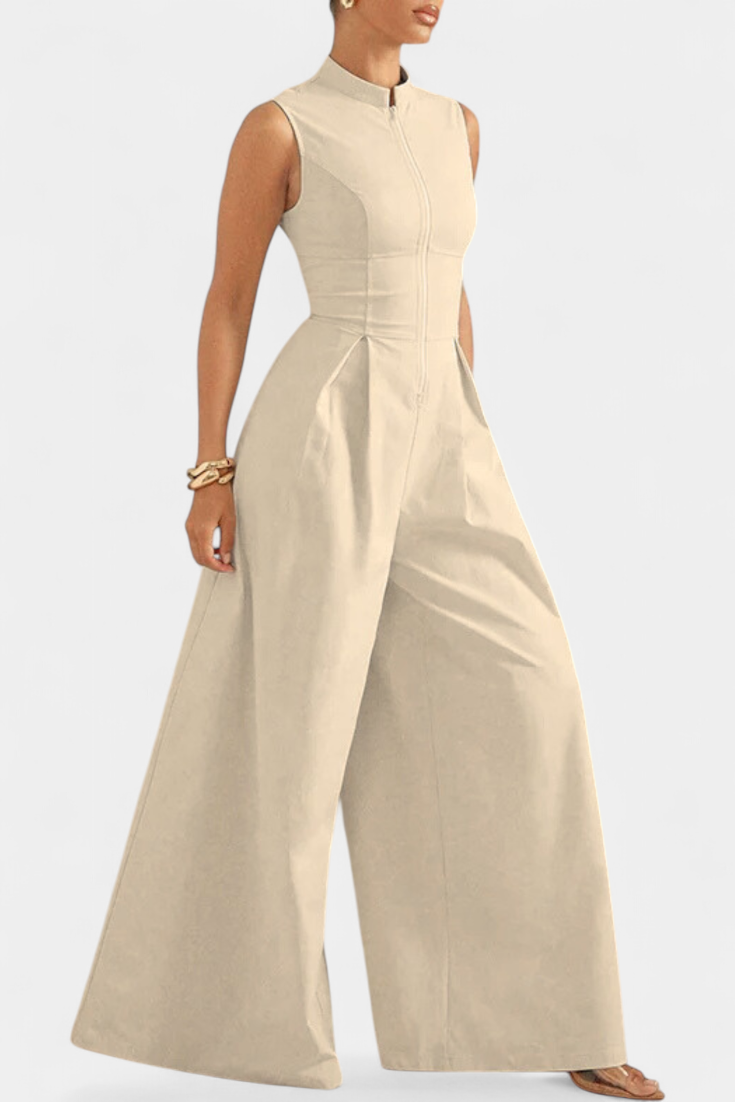 Wide Leg Jumpsuit - Sleeveless Pleated Round Neck for Women