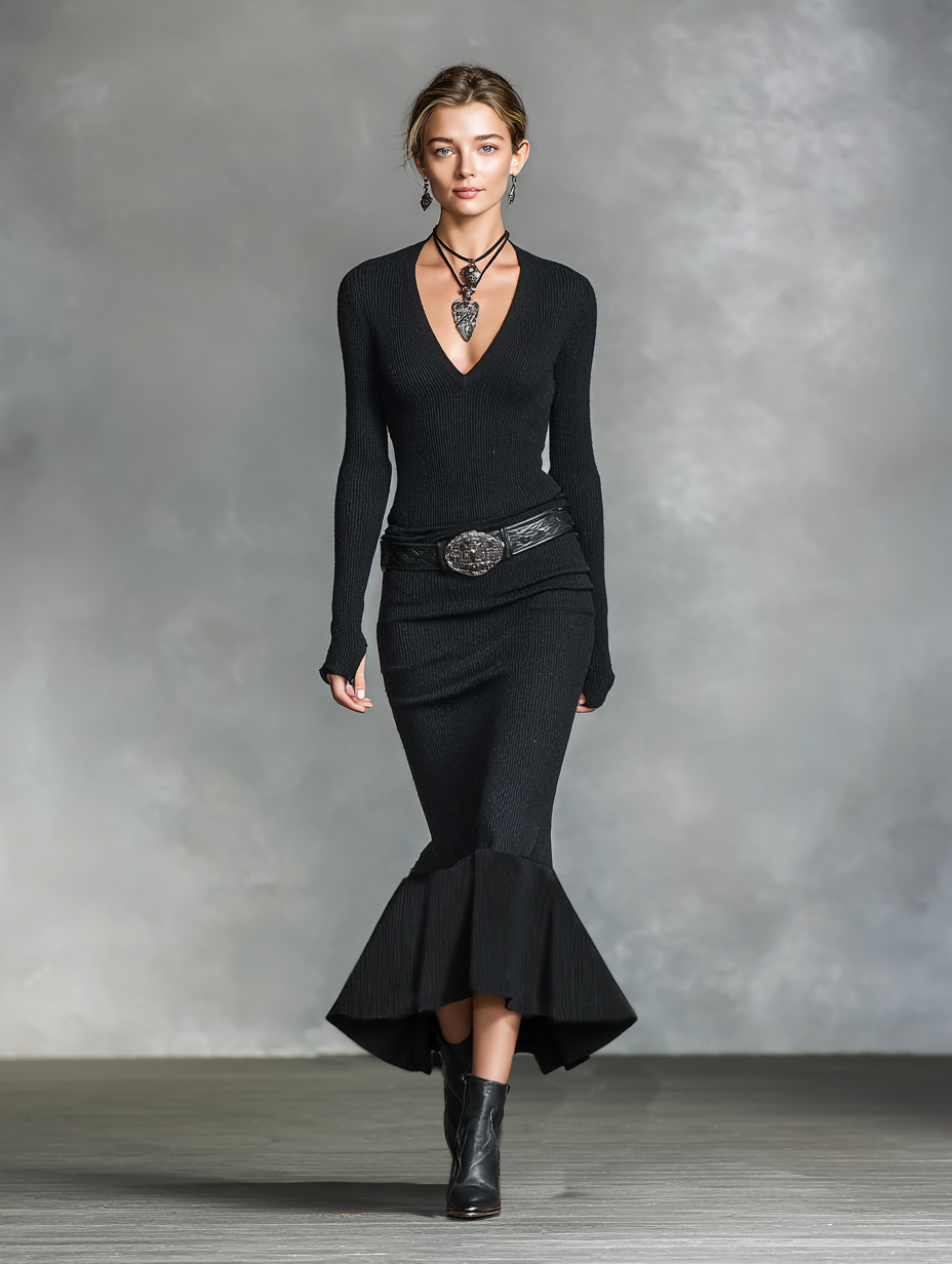 Knitted Maxi Dress Long Sleeve V Neck Sweater Dress