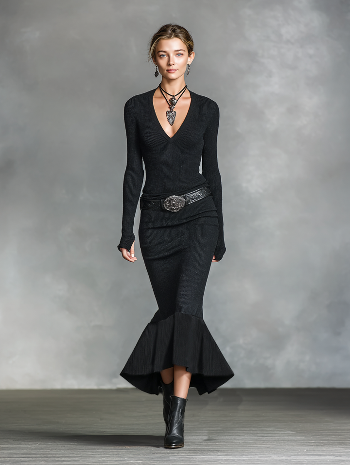 Knitted Maxi Dress Long Sleeve V Neck Sweater Dress