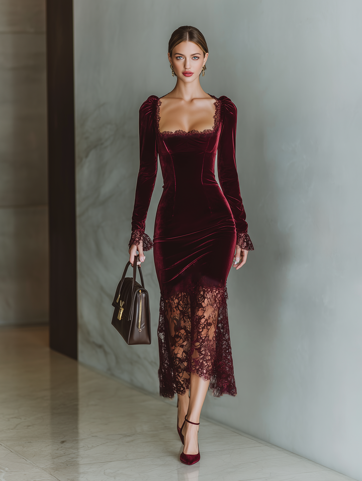 Burgundy Velvet Maxi Dress with Lace Detail for Women