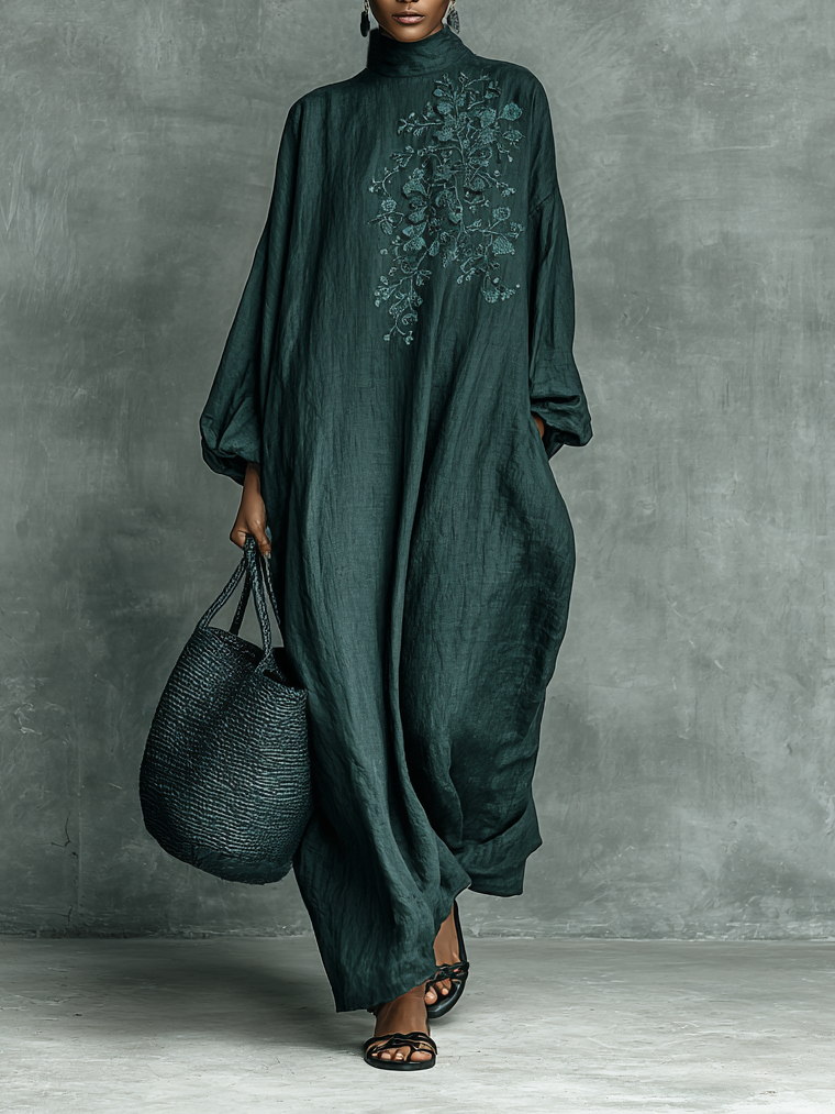 Cotton Linen Maxi Dress with Embroidered Shoulders