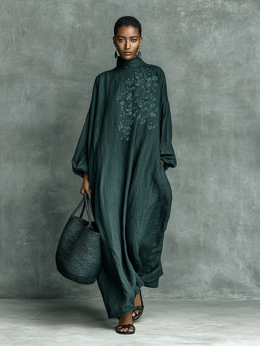 Cotton Linen Maxi Dress with Embroidered Shoulders