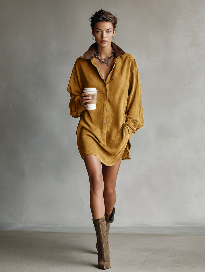 Suede Mini Dress with Leather Lapel Collar for Women