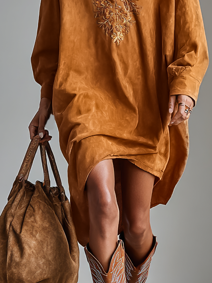 Embroidered Suede Midi Dress with Long Sleeves and V-Neck