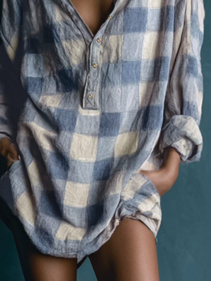 Plaid Shirt Dress with Henley Collar for Women
