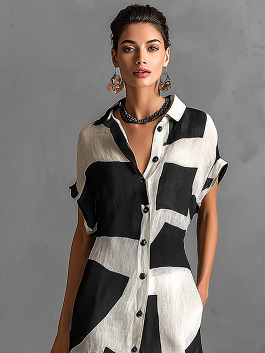 Geometric Print Shirt Dress for Women - Cotton Linen Maxi Dress