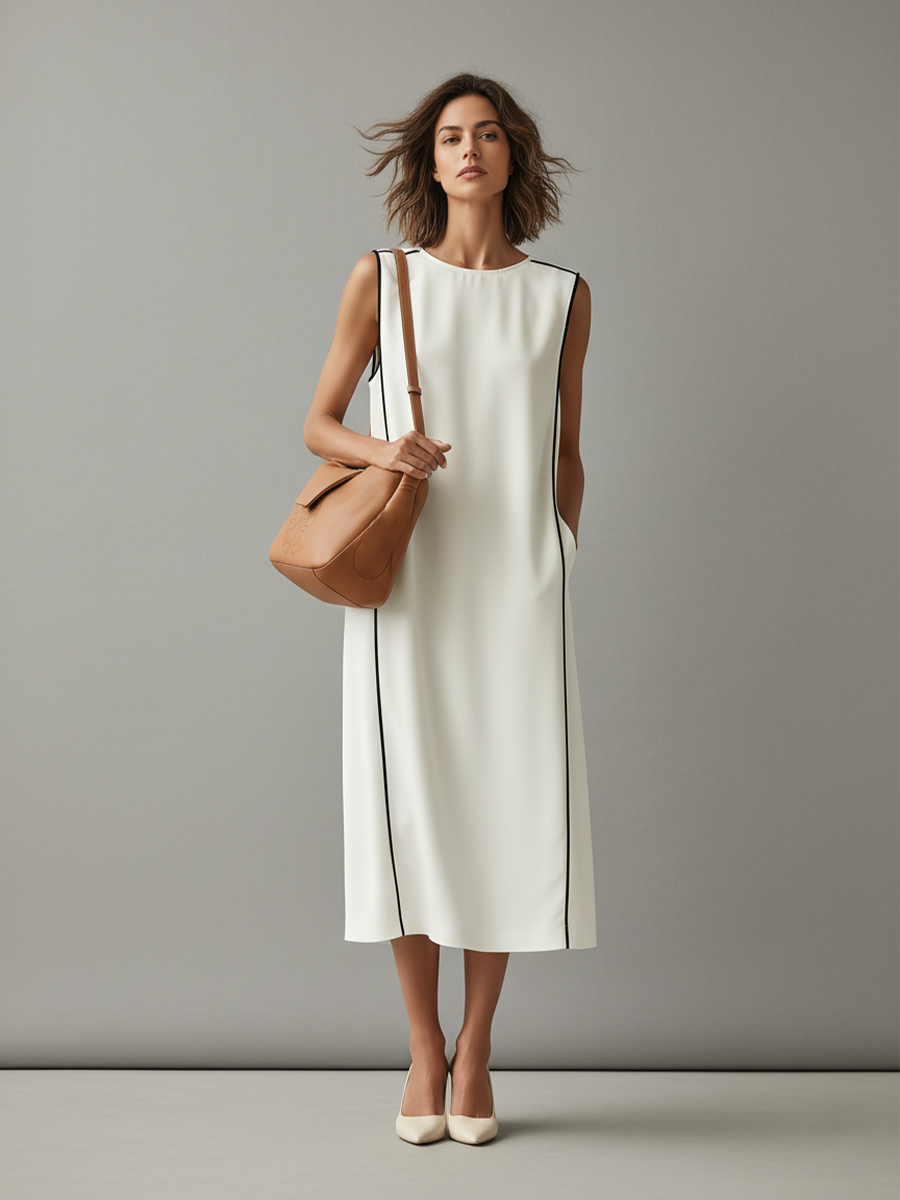 White Cotton Midi Dress with Contrast Piping and Pockets