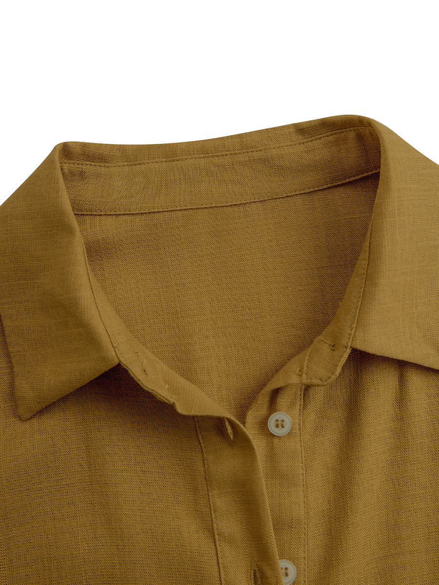 Mustard Linen Midi Shirt Dress with Belt for Women