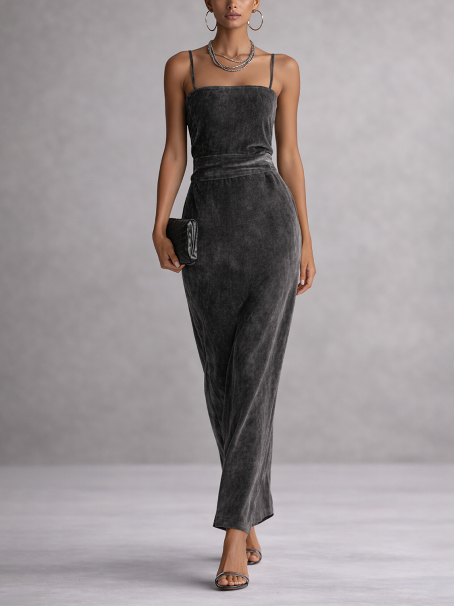 Velvet Maxi Dress Square Neck High Waist Grey Evening Gown
