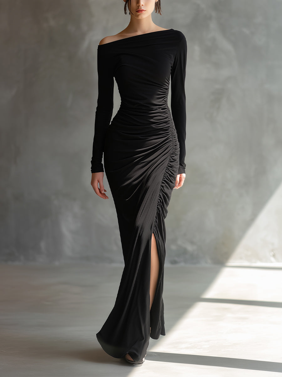 Black Off Shoulder Maxi Dress with Ruched Detailing and Slit