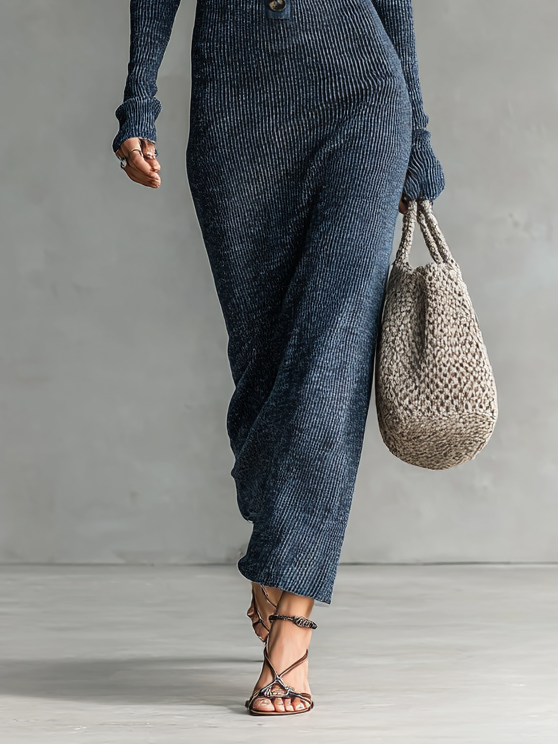 Hooded Knit Maxi Dress - Casual Long Sleeve Sweater Dress