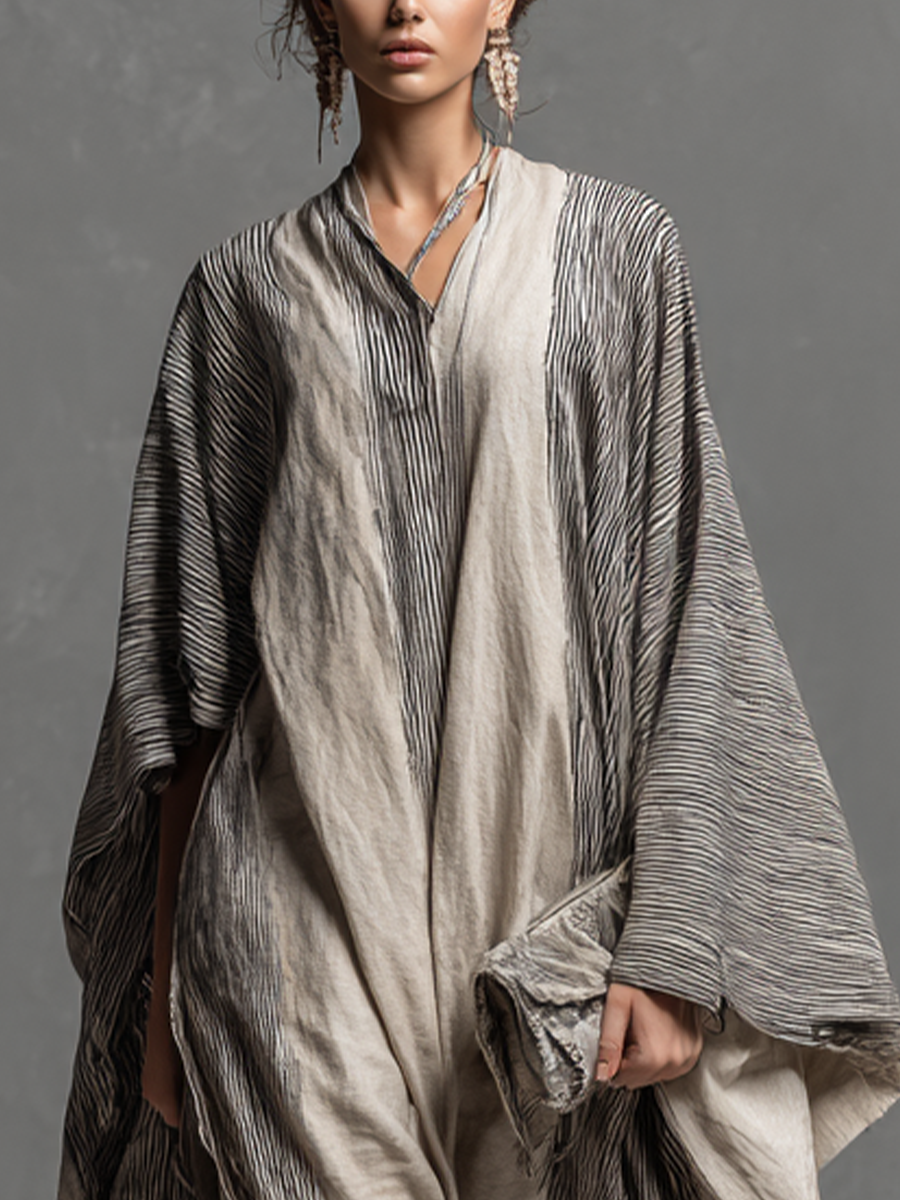 Striped Kaftan Maxi Dress - Cotton Linen V-Neck Resort Wear