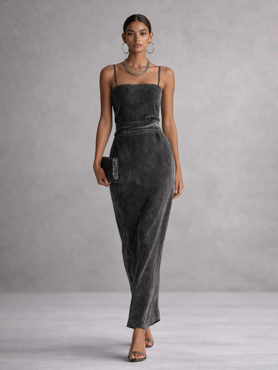 Velvet Maxi Dress Square Neck High Waist Grey Evening Gown
