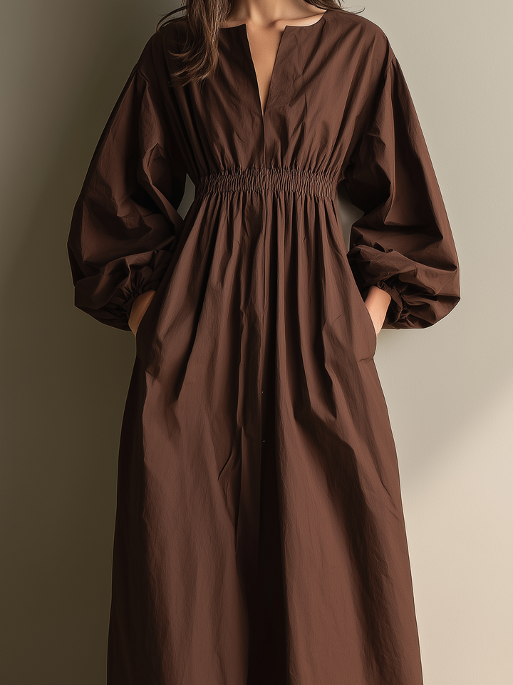 Cotton Linen Maxi Dress with V-Neck and Long Sleeves