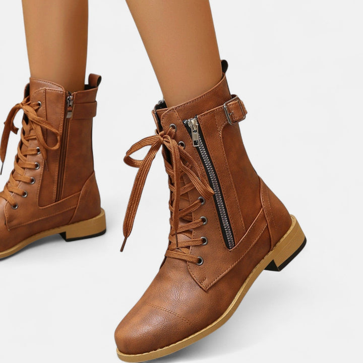 Lace-Up Ankle Boots for Women - Vintage Leather Combat Style