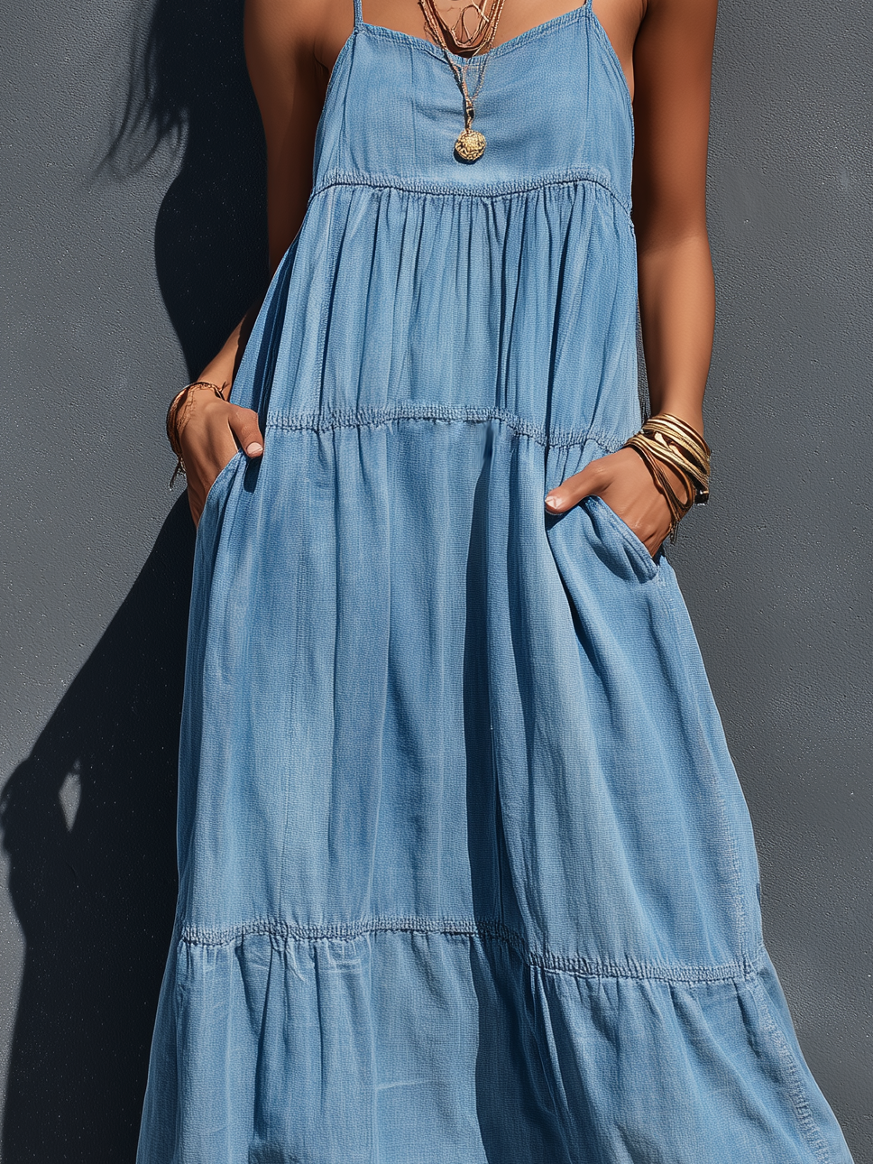 Denim Maxi Dress with Adjustable Suspenders - Casual Blue