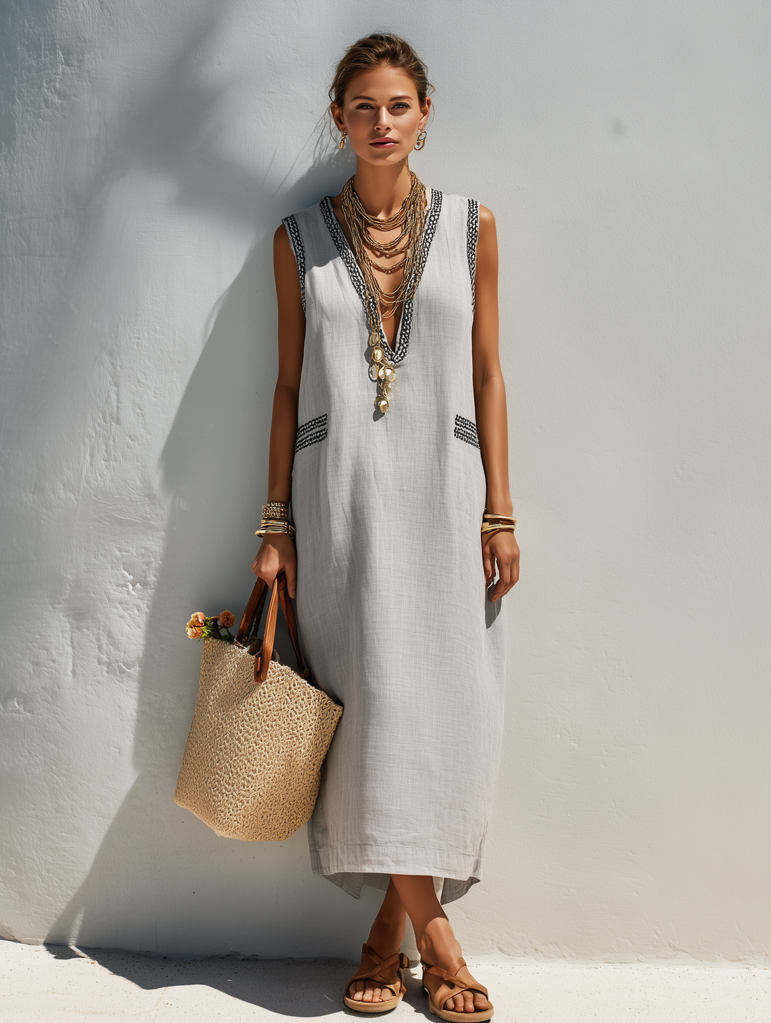 Embroidered Linen Maxi Dress V-Neck Sleeveless Light Gray