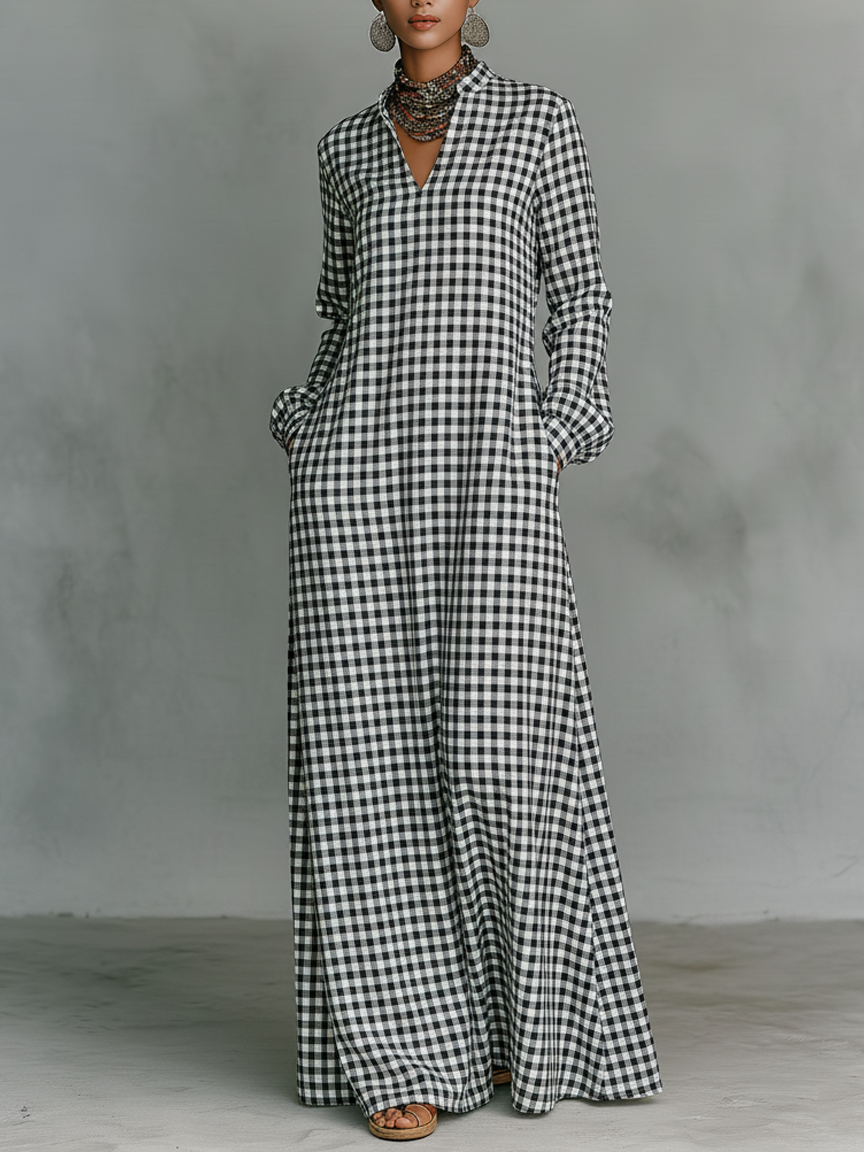 Cotton Plaid Maxi Dress with V-Neck and Long Sleeves
