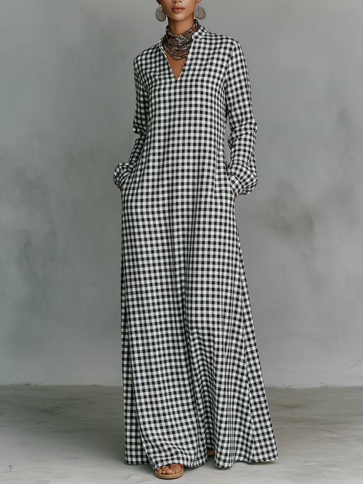 Cotton Plaid Maxi Dress with V-Neck and Long Sleeves