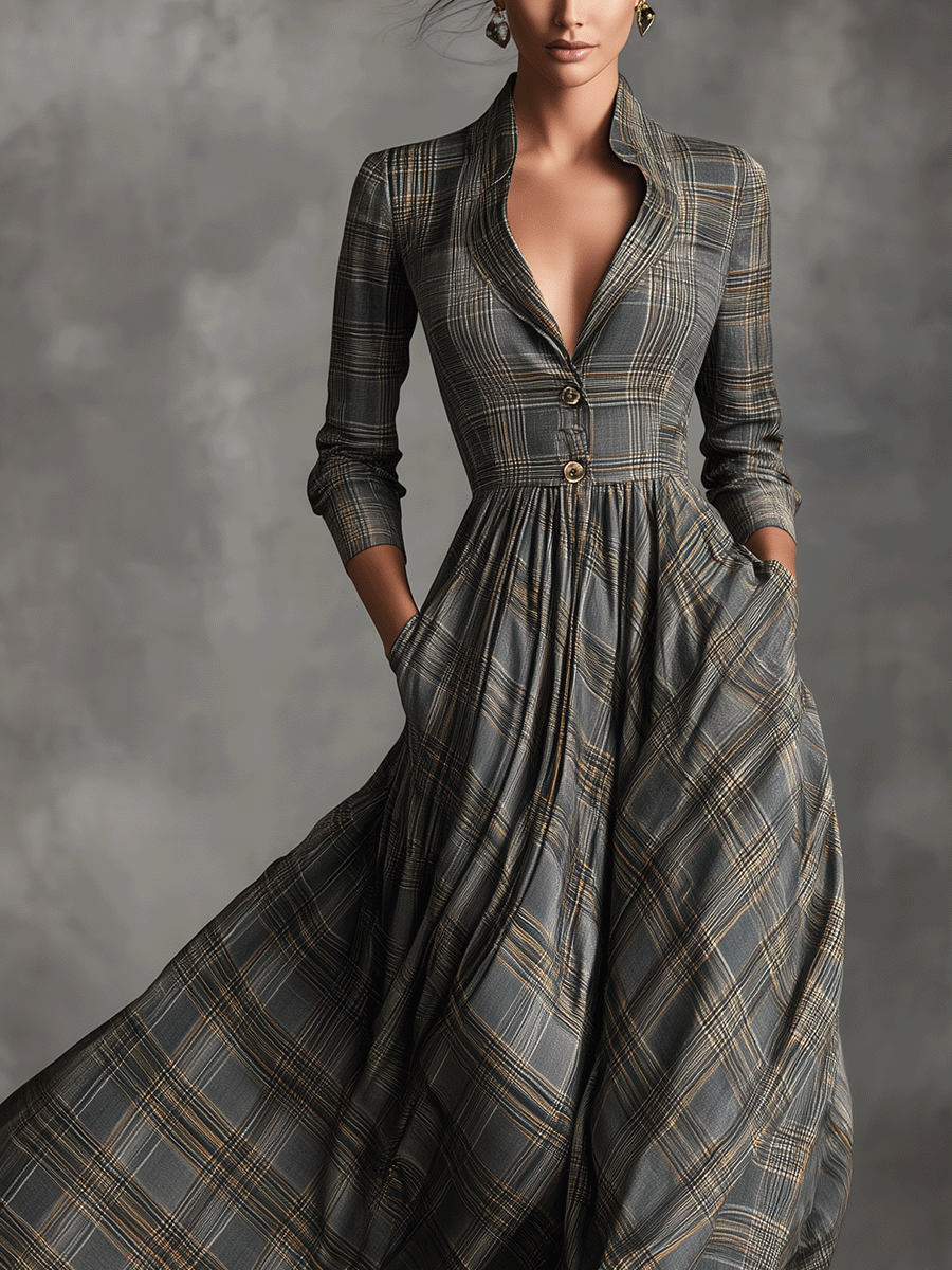 Tartan Maxi Dress for Women - Grey Linen Blend Long Sleeve