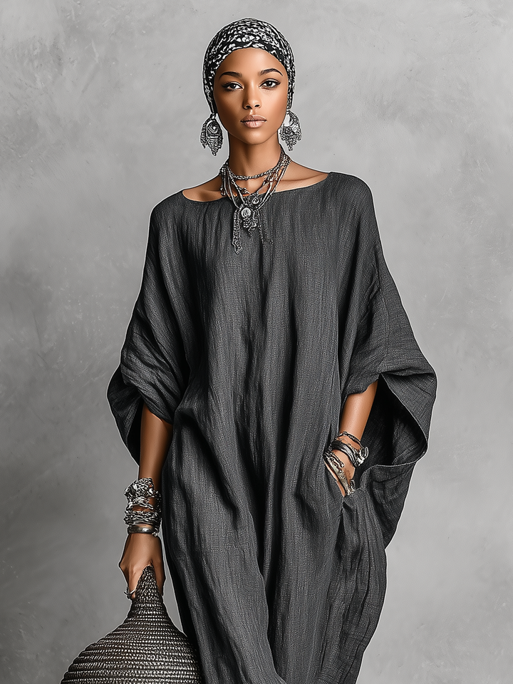 Linen Maxi Dress with Batwing Sleeves for Women