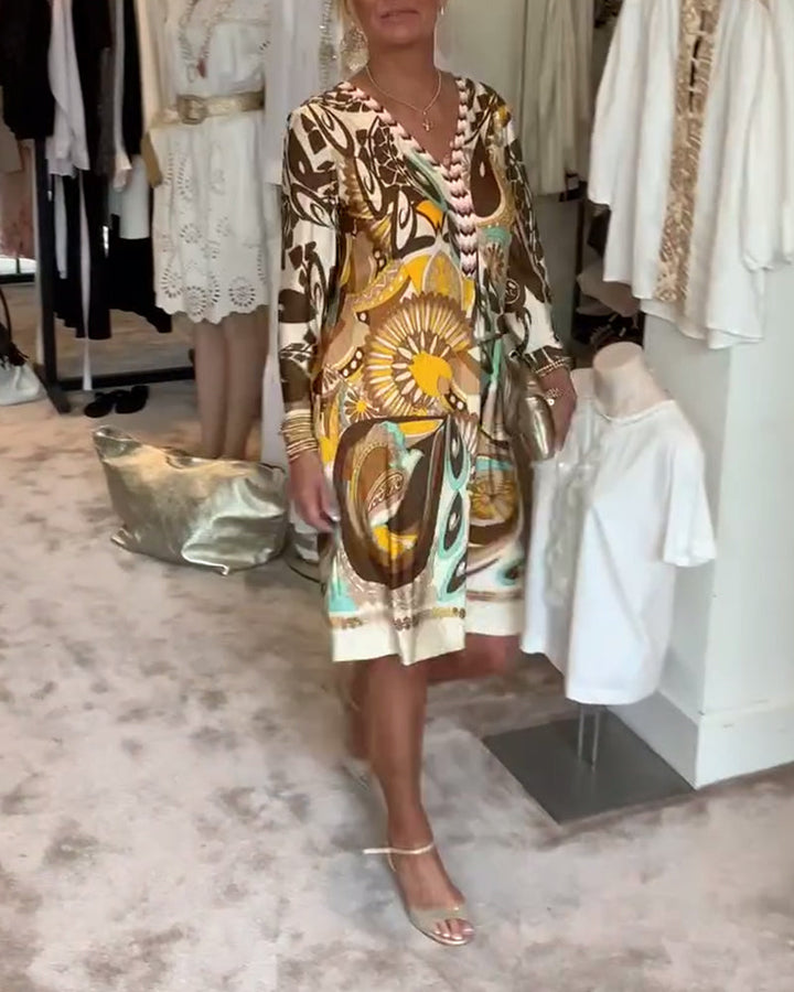 Vintage Print Dress with Short Sleeves for Women