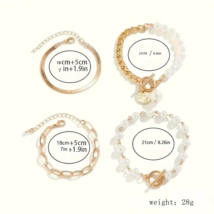 Gold Bracelet Set - Layered 4 Piece Snake Pearl Link Stack