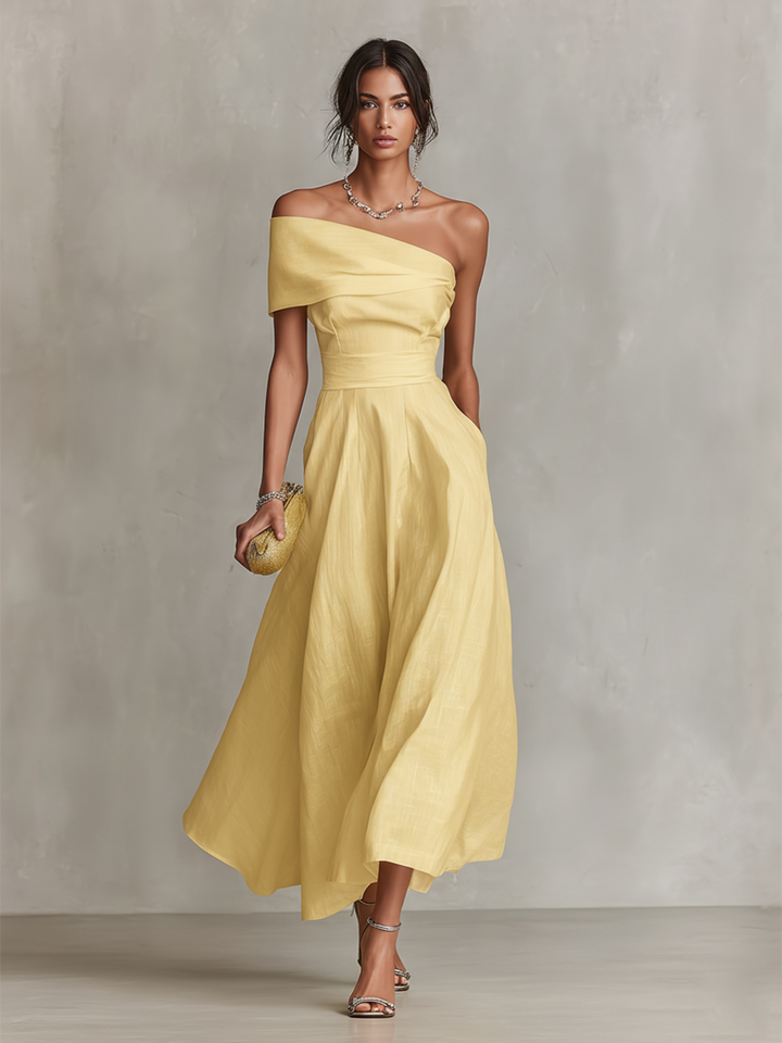 Yellow Linen Midi Dress One Shoulder Elegant Wedding Guest