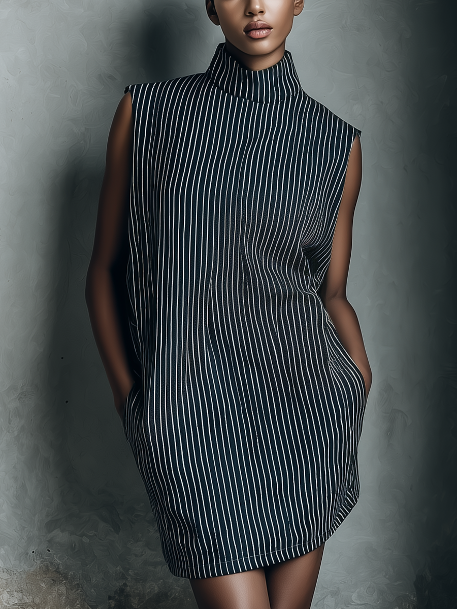 Striped Sleeveless Mini Dress with Pockets Navy Linen Blend
