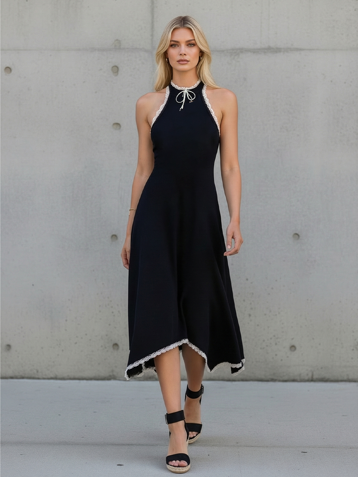 Black Halter Midi Dress with Lace Trim for Women