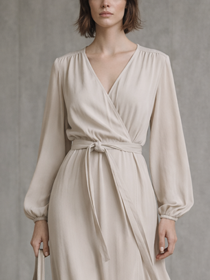 Wrap Midi Dress with Ruffled Hem Long Sleeve