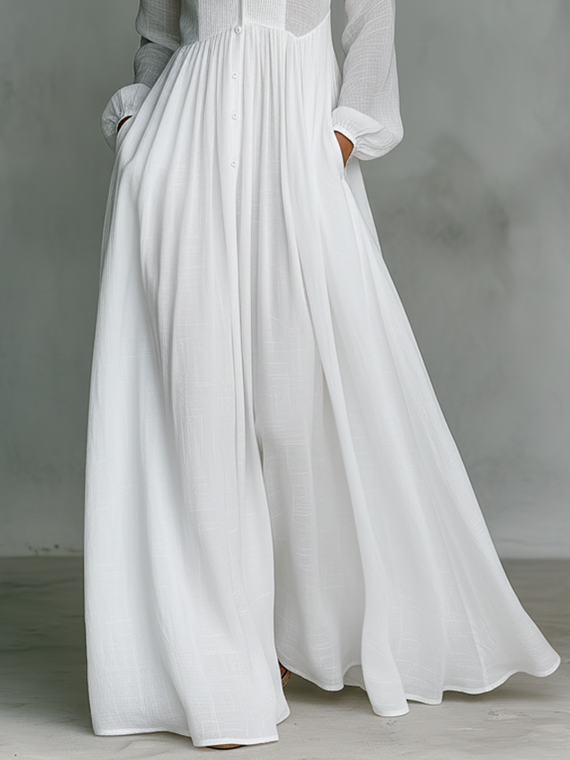 Linen Maxi Dress Long Sleeve with Patchwork Stand Collar