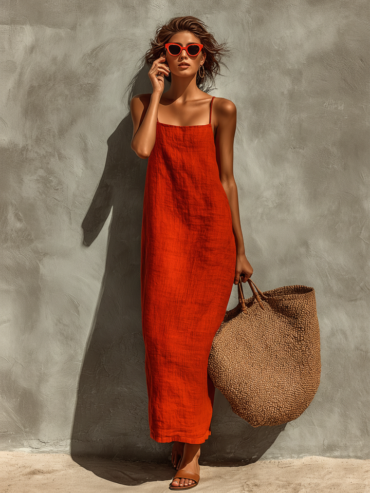 Red Linen Maxi Dress With Square Neck And Spaghetti Straps