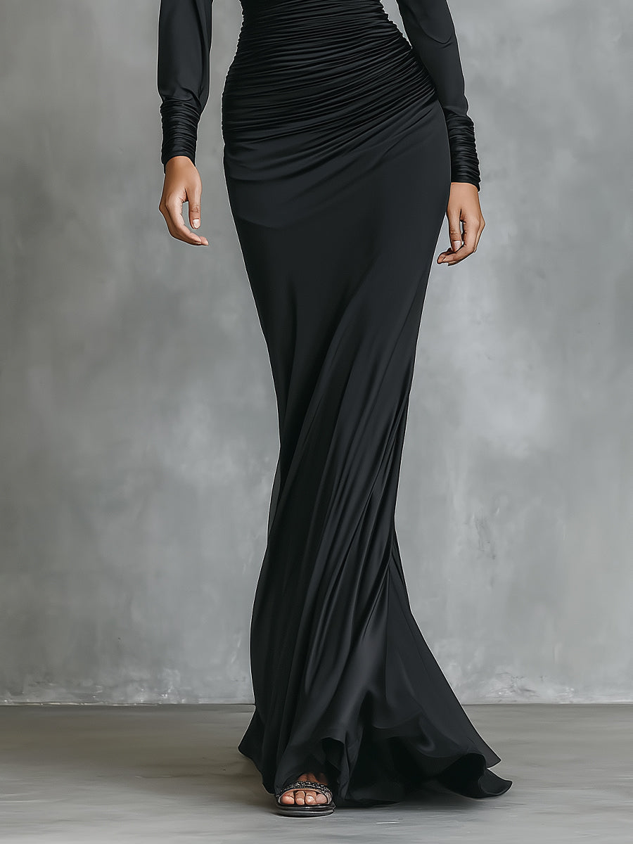 Black One Shoulder Formal Dress - Ruched Satin Mermaid Gown