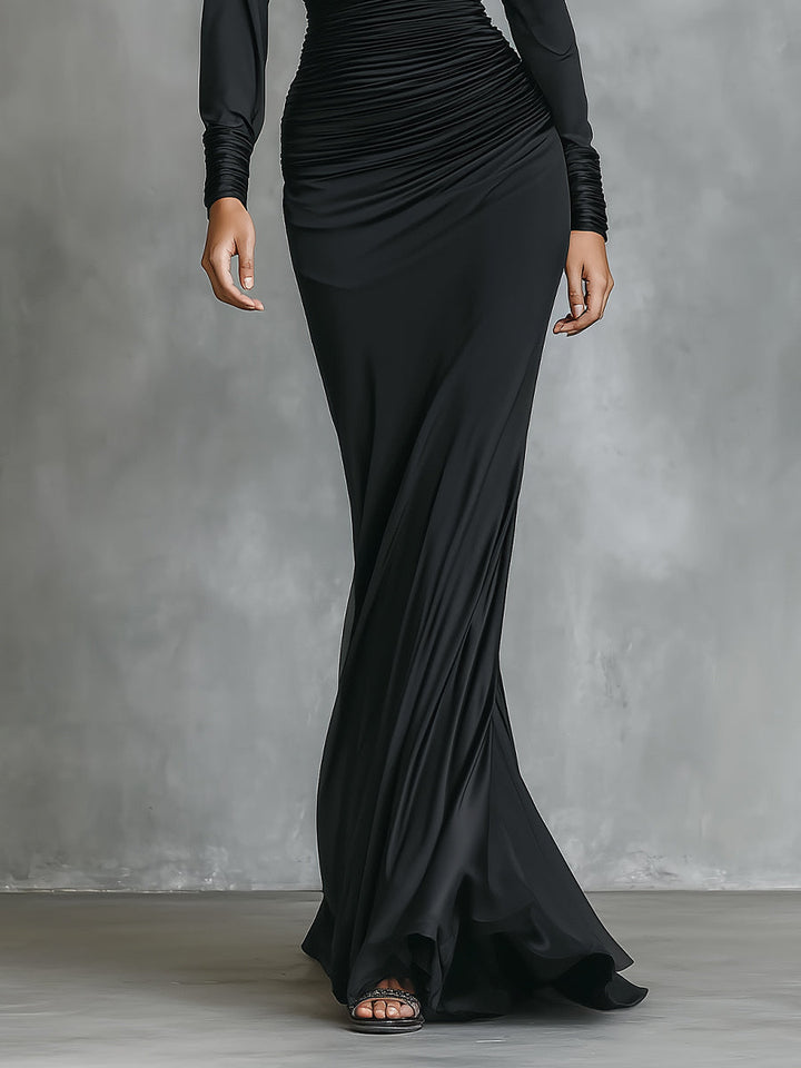 Black One Shoulder Formal Dress - Ruched Satin Mermaid Gown