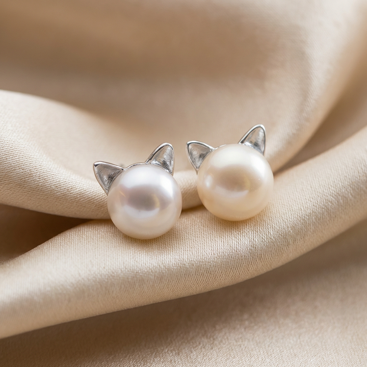 Pearl Cat Stud Earrings Sterling Silver - Elegant Animal Jewelry