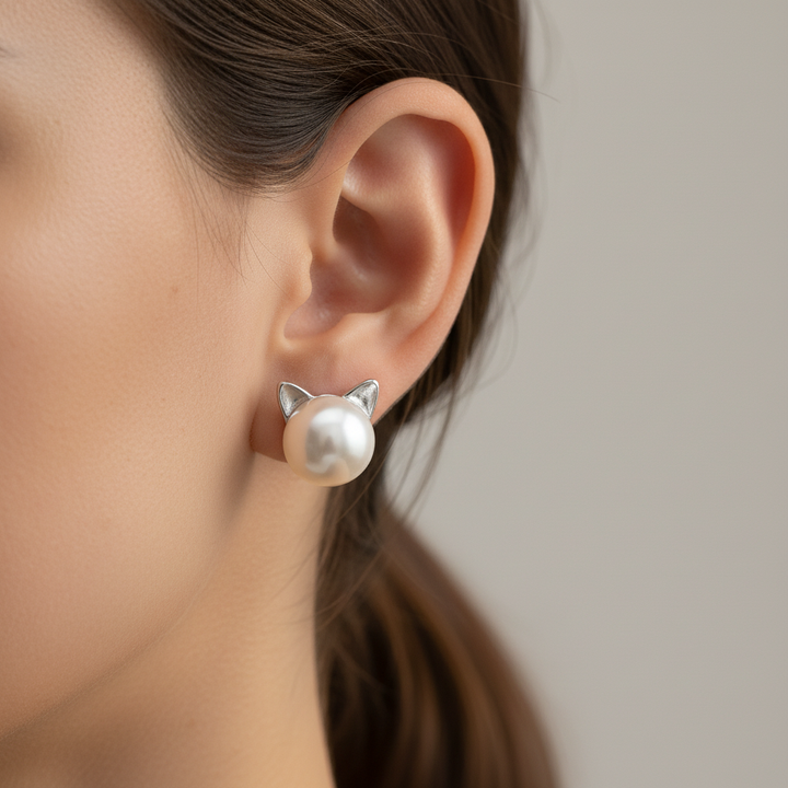 Pearl Cat Stud Earrings Sterling Silver - Elegant Animal Jewelry