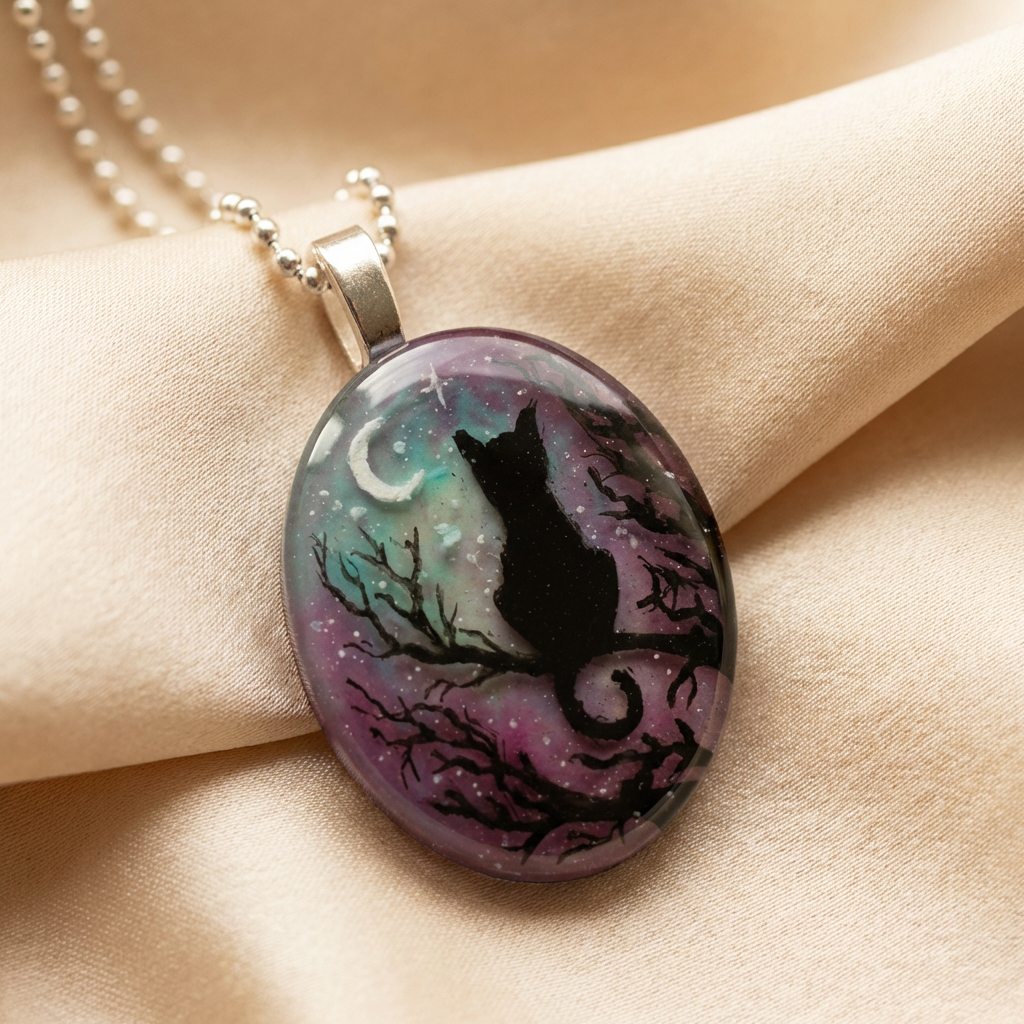 Cat Necklace with Starry Night Design - Whimsical Pendant