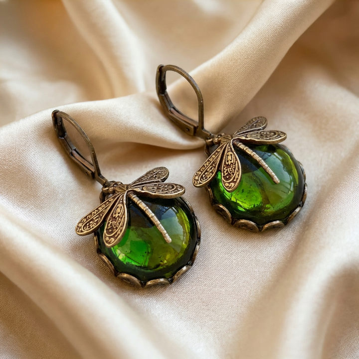 Dragonfly Earrings Antique Gold Vintage Style Statement Earrings