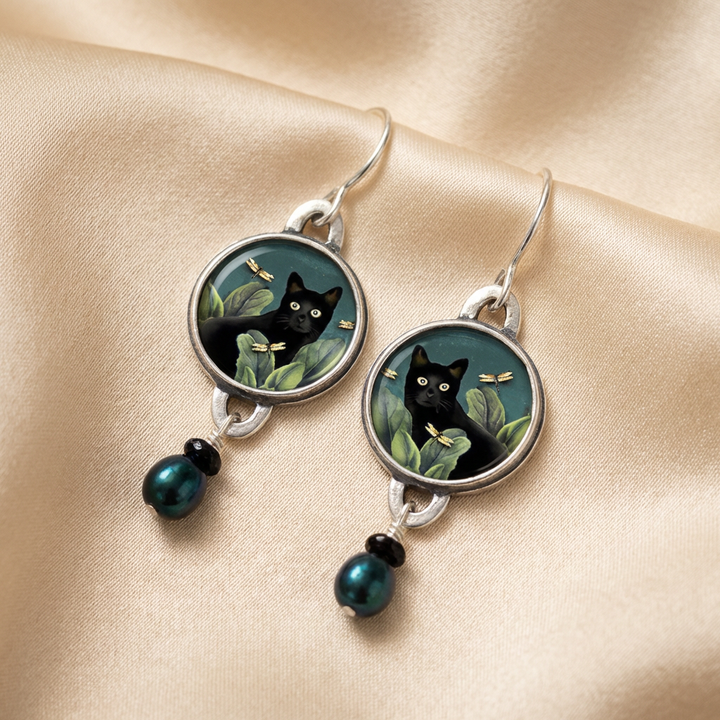 Black Cat Dangle Earrings - Vintage Tropical Statement Jewelry