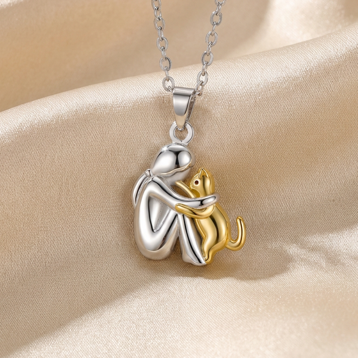 Cat Hug Pendant Necklace Gold Plated Memorial Jewelry