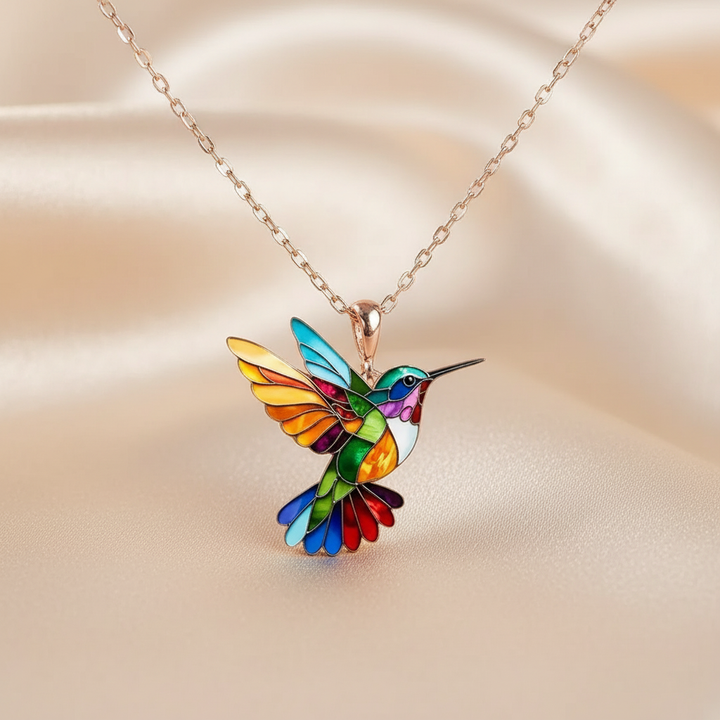 Hummingbird Pendant Necklace Rainbow Enamel Statement Jewelry