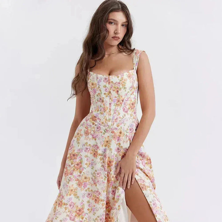 Floral Midi Dress with Corset Bodice - Feminine Fit and Flare