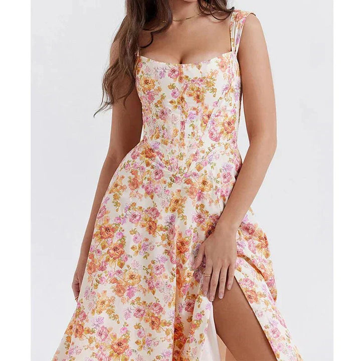 Floral Midi Dress with Corset Bodice - Feminine Fit and Flare